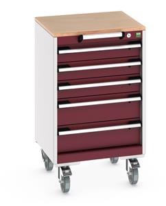 40402137.** cubio mobile cabinet with 5 drawers & multiplex worktop. WxDxH: 525x525x890mm. RAL 7035/5010 or selected